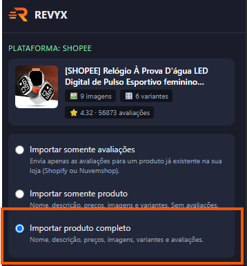 Importe produtos completos